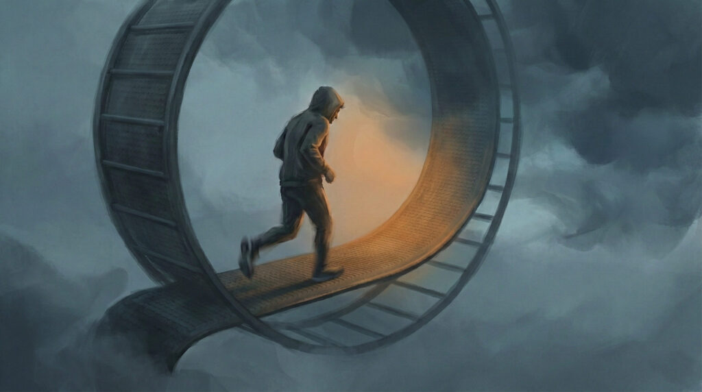 A figure running on a treadmill that curves into a large wheel, resembling a hamster wheel and suggesting endless motion without progress.
