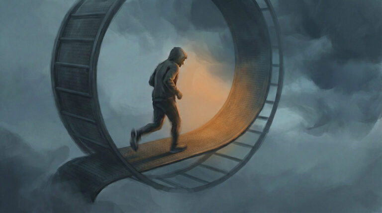 A figure running on a treadmill that curves into a large wheel, resembling a hamster wheel and suggesting endless motion without progress.
