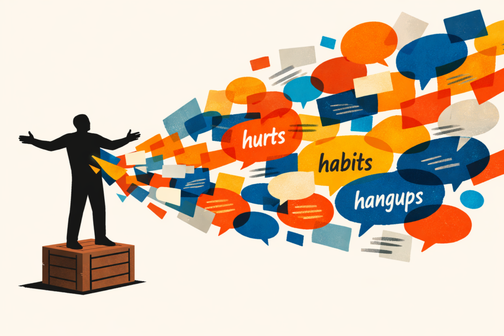 A figure standing on a crate with arms open wide, releasing a cascading stream of shapes and pages. The words "hurts," "habits," and "hangups" are visible among the stream.