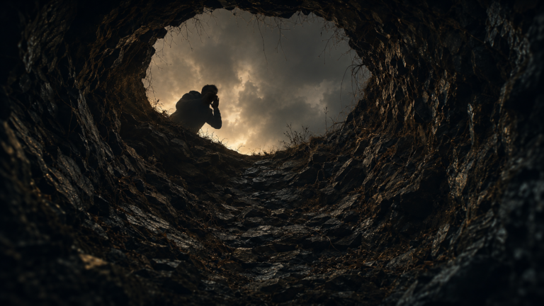 Alt text: A dark silhouette leans over the jagged rim of a deep hole, shouting downward into the shadows, framed by cold rocky walls and a muted golden-gray sky.