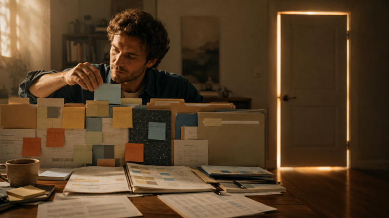 A person absorbed in arranging stacks of notes and folders at a desk, with a closed, light-rimmed door standing unopened across the room.