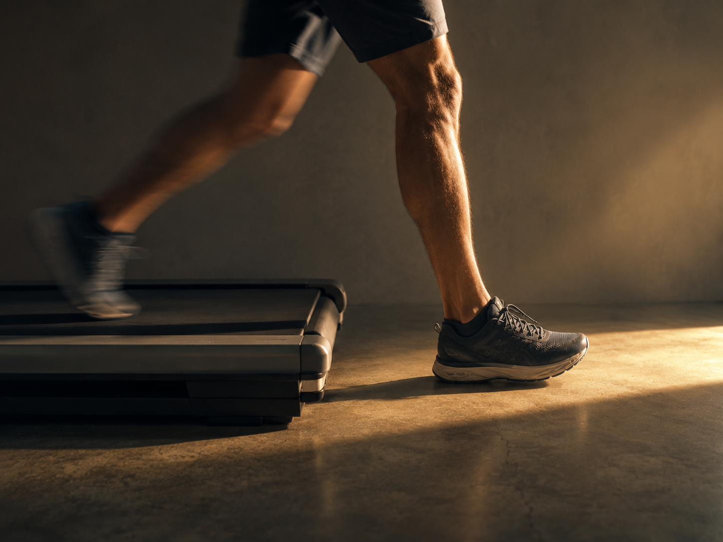 A person's legs mid-step, moving off the front of a treadmill — the back foot blurred on the belt, the front foot landing sharply on solid floor ahead.