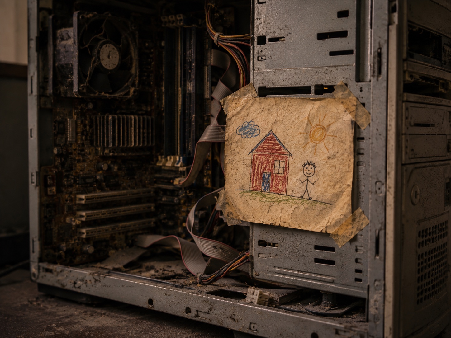 A child's crayon drawing of a house, sun, and stick figure taped inside the open panel of an old, dust-covered computer full of aged wiring