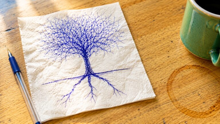 Blue ink tree sketch on a crumpled napkin placed on a wooden table beside a blue pen and a green mug.