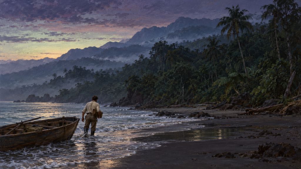 A lone man wading ashore from a small rowboat onto a jungle beach before dawn, a wrapped packet under his arm and hazy mountains beyond.