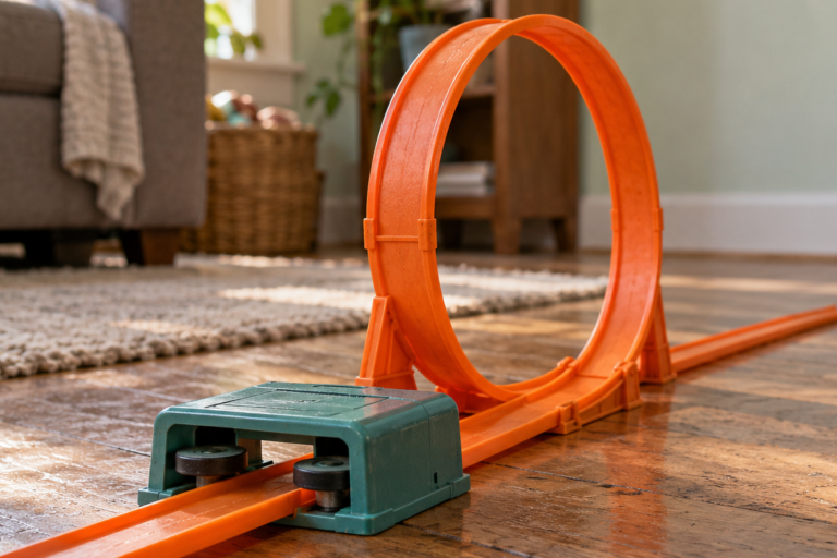 An orange toy race track on a sunlit hardwood living-room floor, running through a gray booster unit and into a single vertical loop.